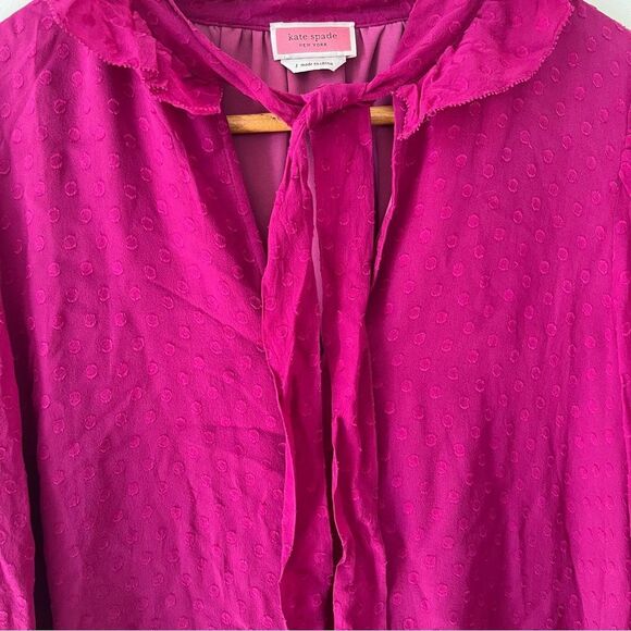 Kate Spade Fuchsia Purple 100% Silk Tie Neck Ruffle Dot Pattern Blouse - Picture 5 of 7